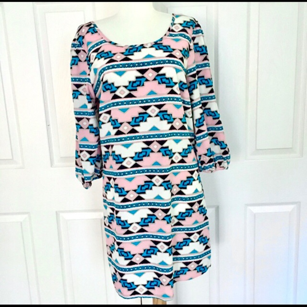 ezra • Long Sleeve Aztec Geo Print Dress